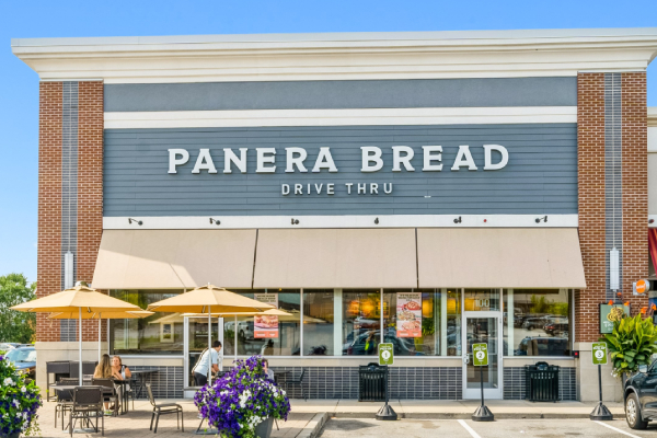 Panera Bread storefront with dining area